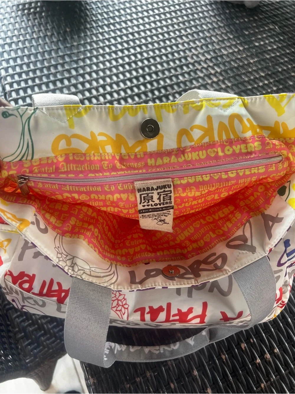 Harajuku Lovers White Multicolor Graffiti Tote with Gray Straps and Yellow Charm
